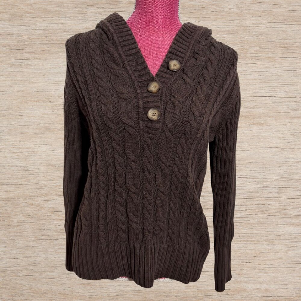 Vintage Y2K Chocolate Brown Cableknit Sweater Hooded with Buttons Women’s Size L
